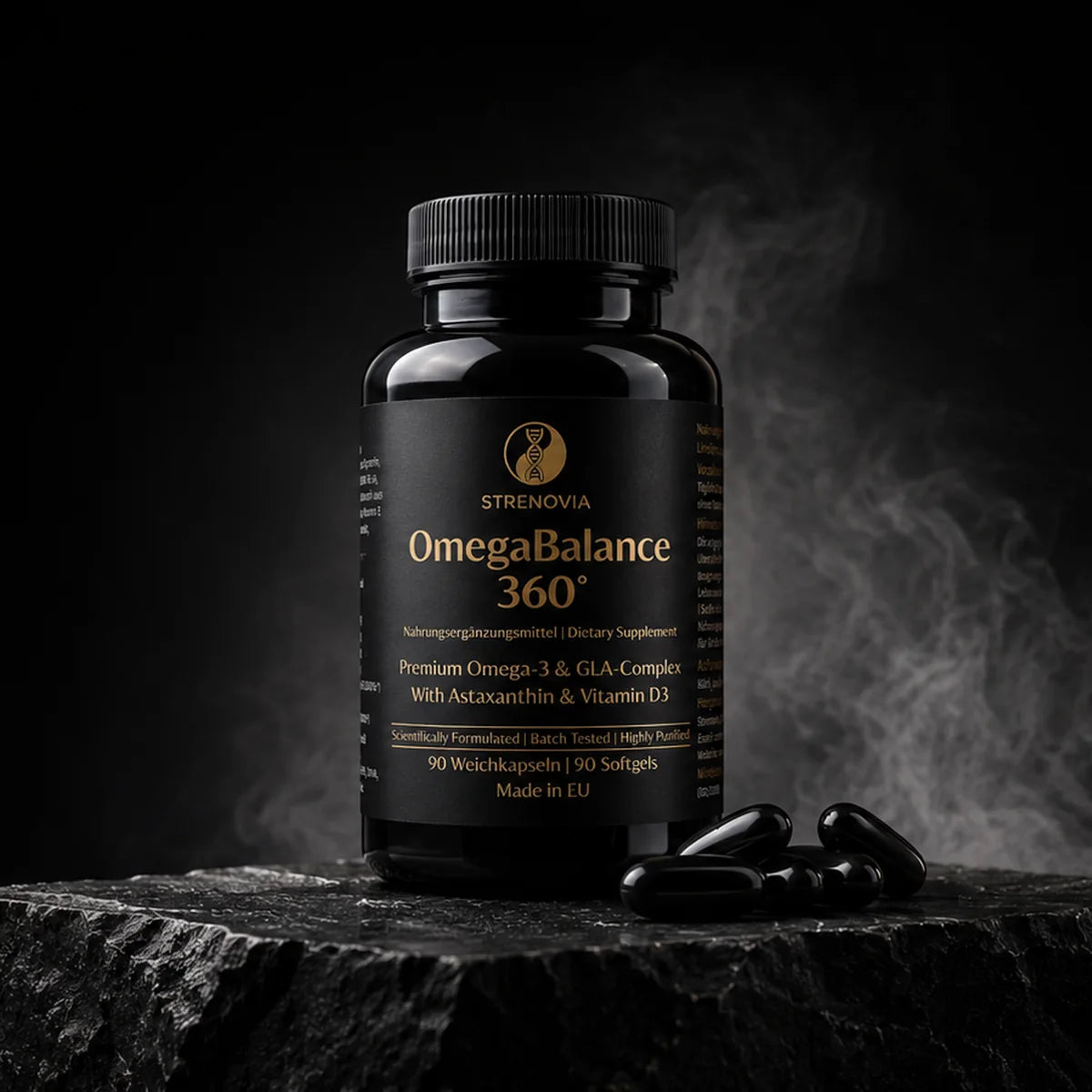 OmegaBalance 360° Dose mit 90 schwarzen Weichkapseln