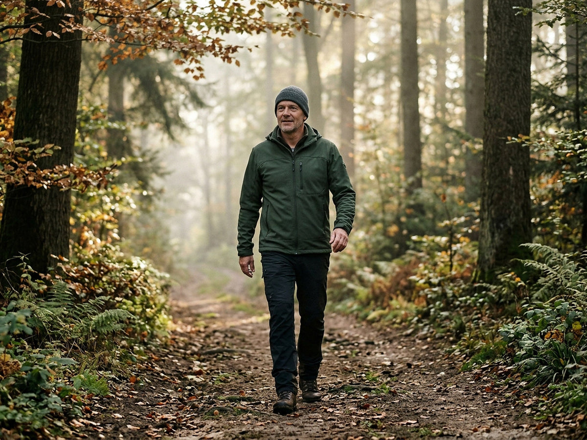 Mann mittleren Alters beim zügigen Spaziergang im herbstlichen Mischwald